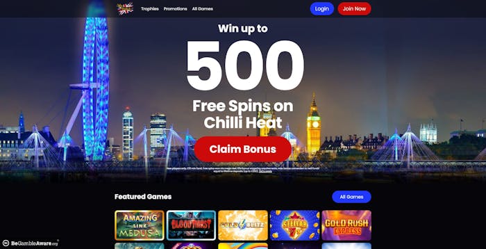 The Win British lobby shows new UK players can nab up to 500 free spins for the slot Chilli Heat